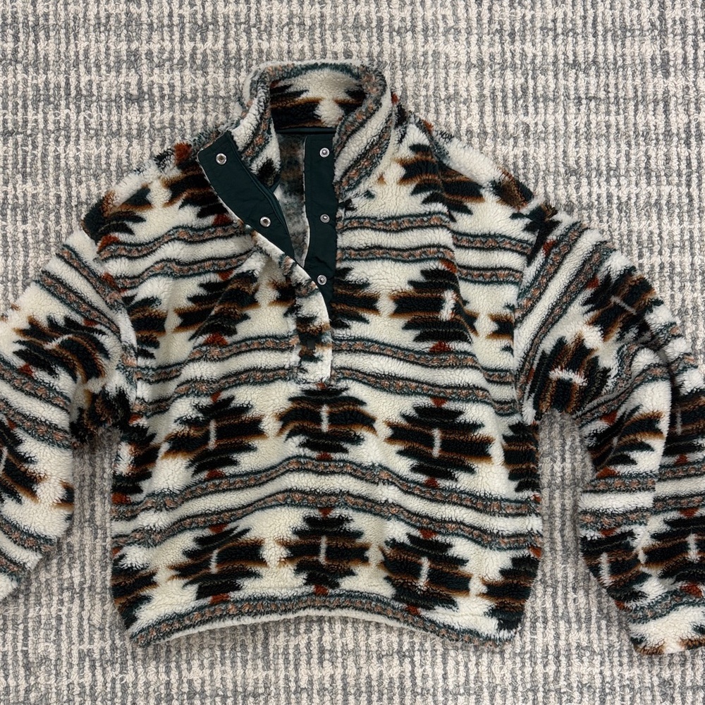 Cropped Cozy Aztec Print Sherpa Pullover - Cream, Green & Brown